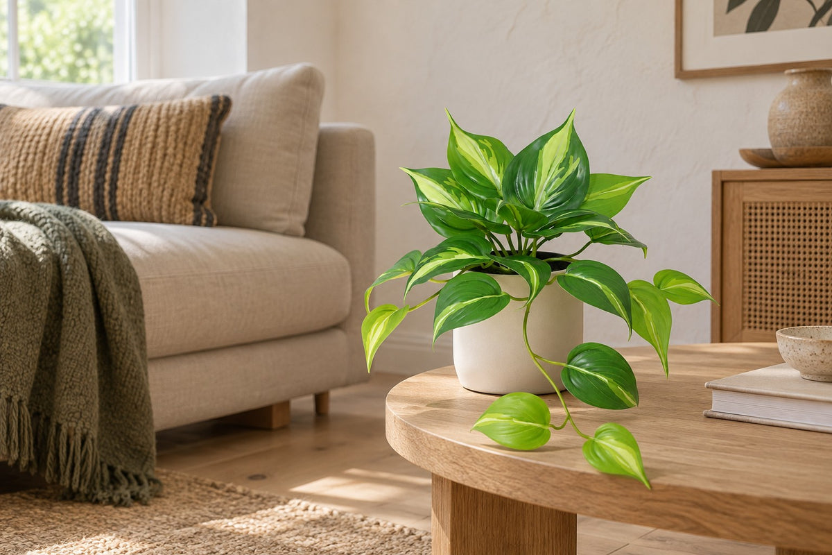 Epipremnum Variegata artificial, 23 cm, en a white ceramic planter en un salón luminoso