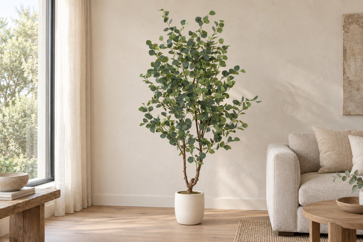 Kunstplant Eucalyptus van 180 cm in een witte keramische pot in een lichte woonkamer