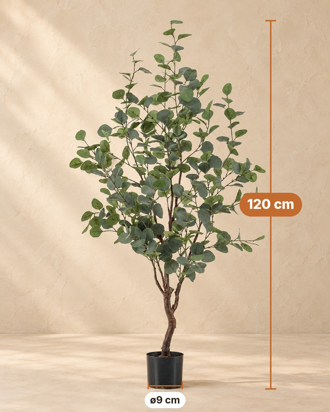 Afmetingen Kunstplant eucalyptus: 120 cm hoog, pot ø9 cm