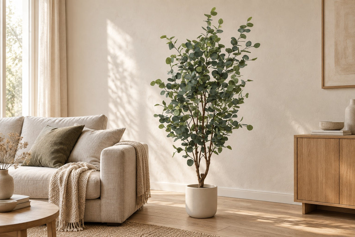 Kunstplant eucalyptus van 140 cm in een witte keramische pot in een lichte woonkamer