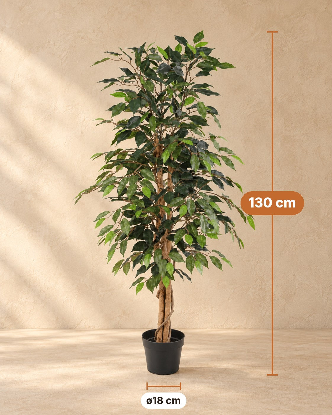 Dimensions Plante artificielle Ficus Benjamina : 130 cm de haut, pot ø18 cm