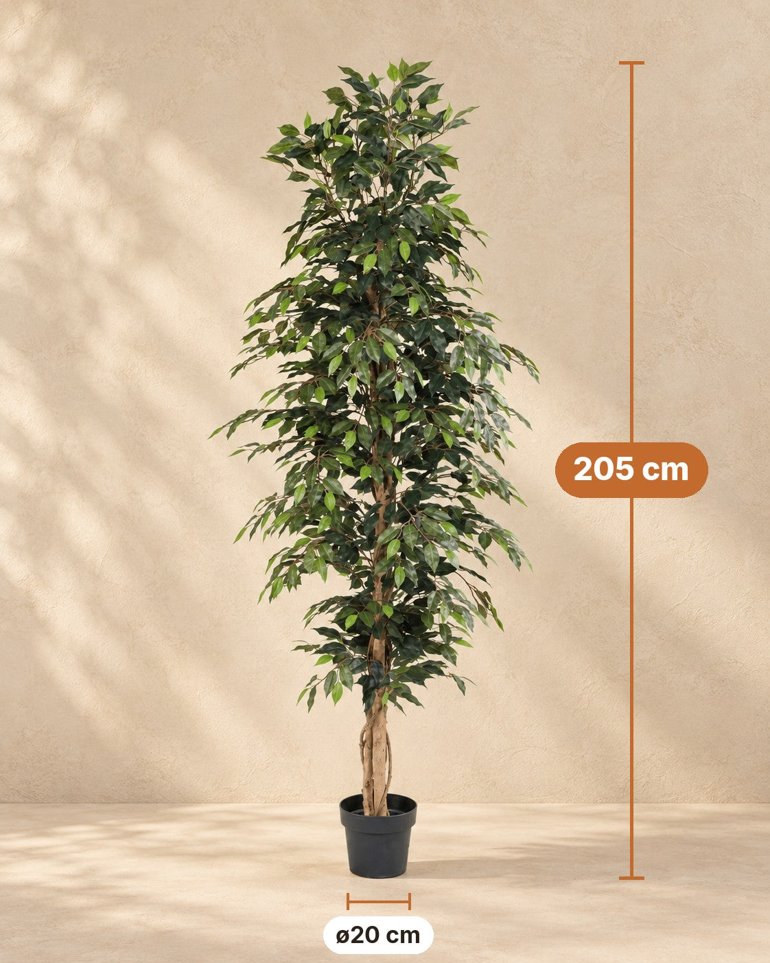Afmetingen Kunstplant Ficus Benjamina: 205 cm hoog, pot ø20 cm