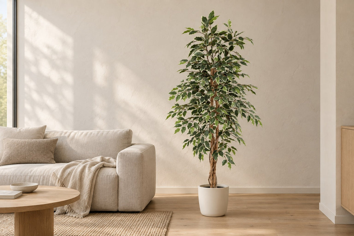 Kunstplant Ficus Benjamina Variegata van 160 cm in een witte keramische pot in een lichte woonkamer