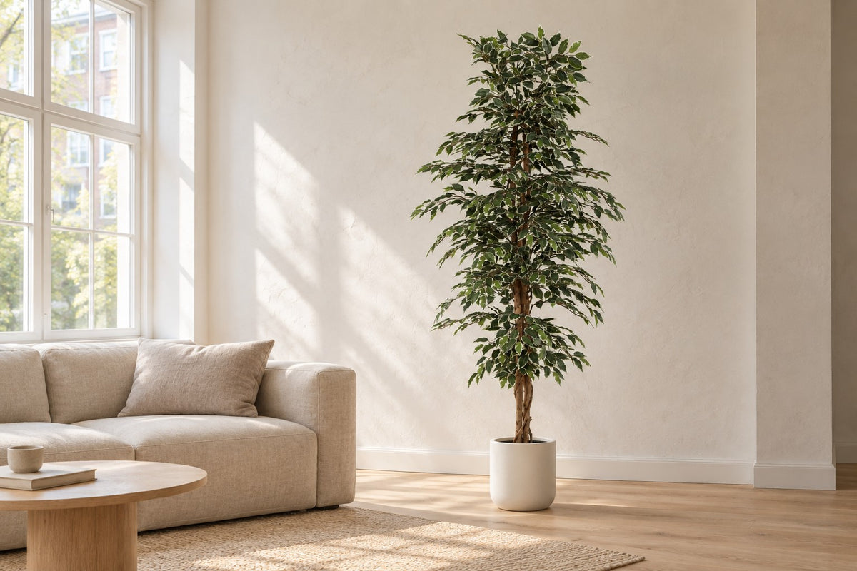 Kunstpflanze Ficus Benjamina Variegata, 205 cm, in a white ceramic planter in einem hellen Wohnzimmer