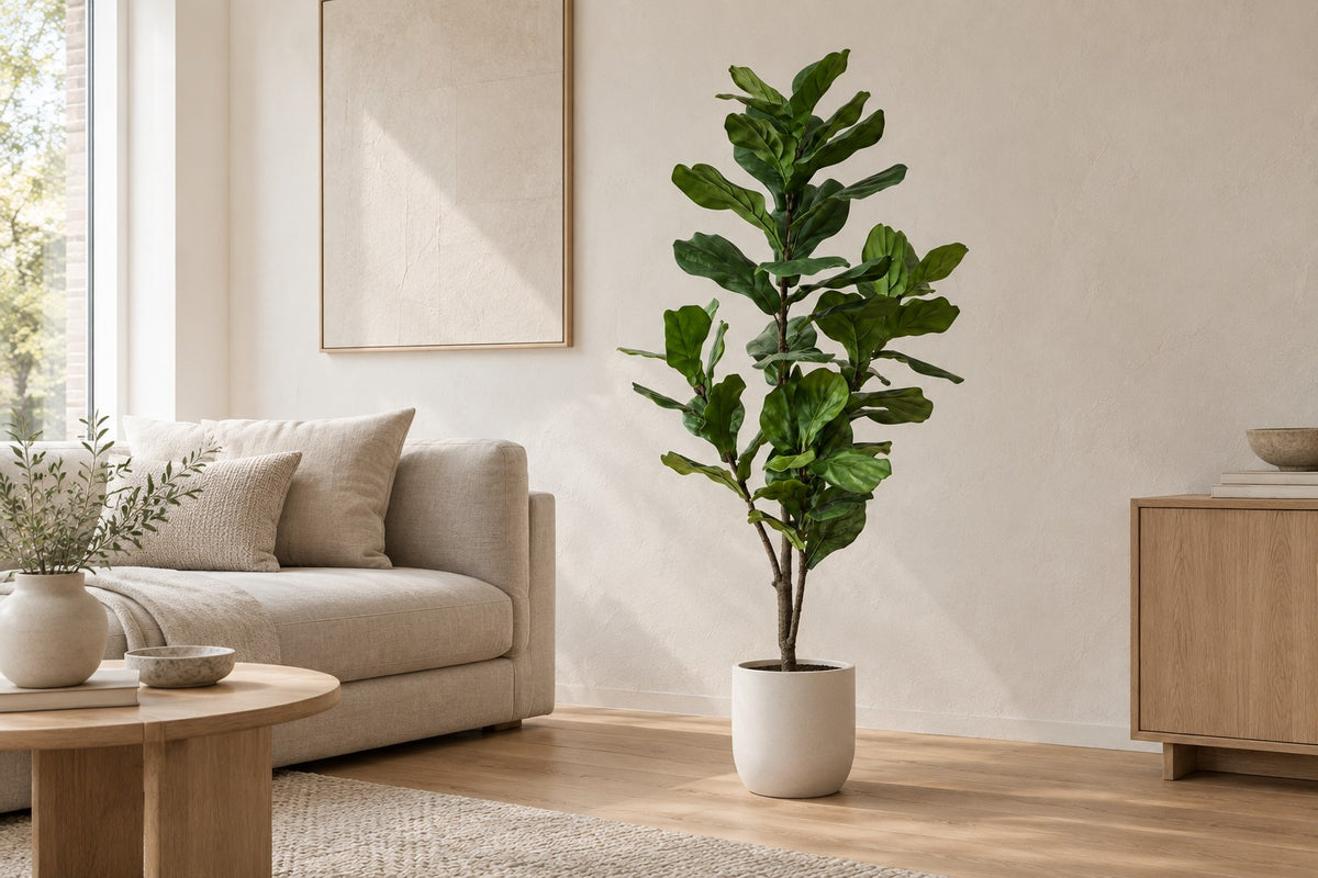 Kunstplant Ficus lyrata van 150 cm in een witte keramische pot in een lichte woonkamer