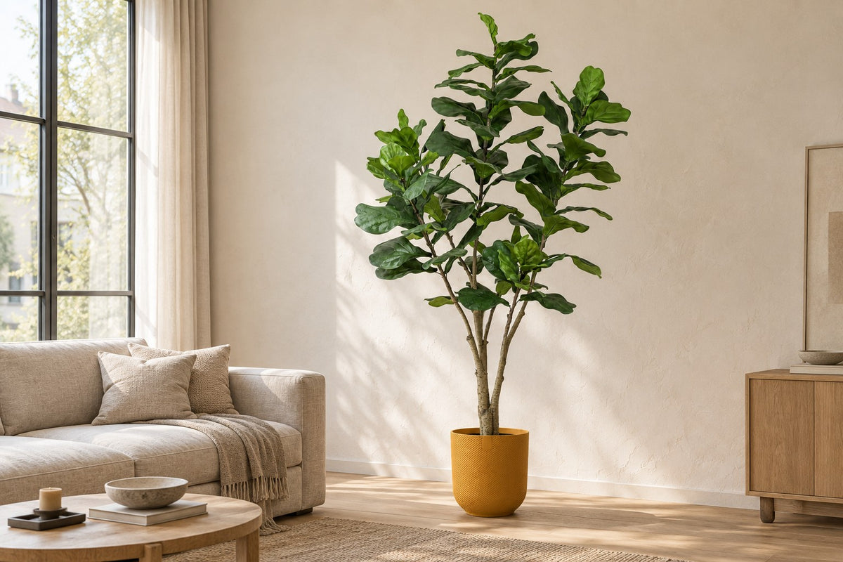 Kunstpflanze Ficus lyrata, 210 cm, in Übertopf Elho Jazz Round amber yellow in einem hellen Wohnzimmer