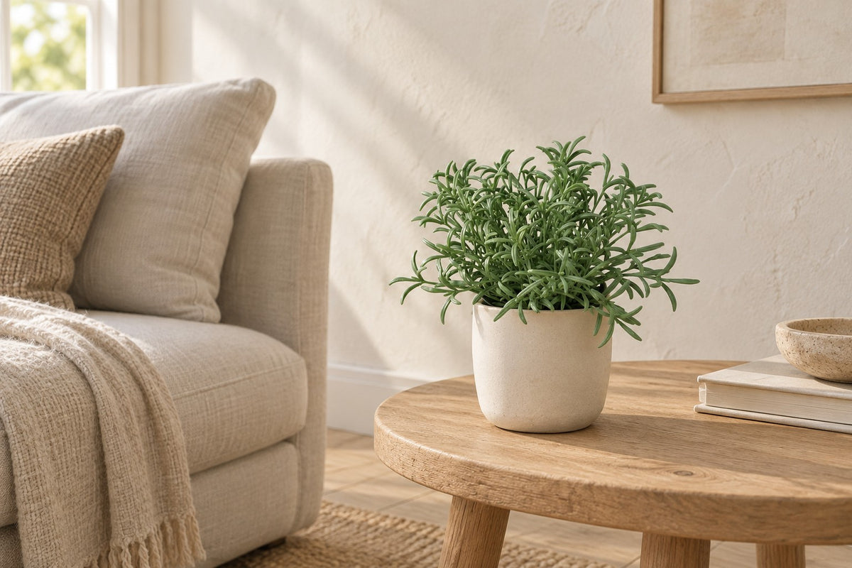 Plante artificielle Helichrysum Italicum, 18 cm, dans a white ceramic planter dans un salon lumineux