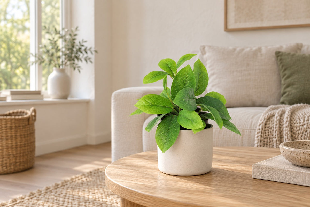 Artificial plant Hoya green, 20 cm, in a white ceramic planter in a bright living room