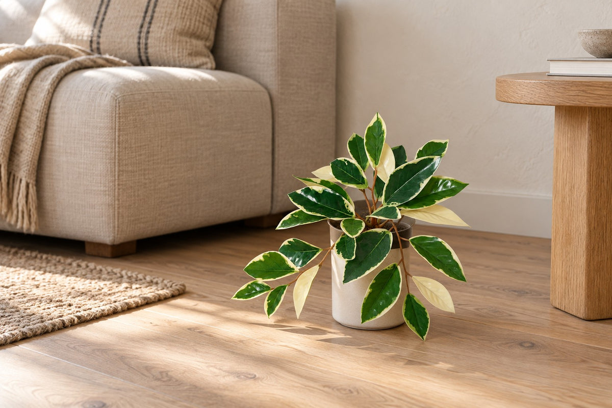 Kunstpflanze Hoya Variegata, 25 cm, in a white ceramic planter in einem hellen Wohnzimmer