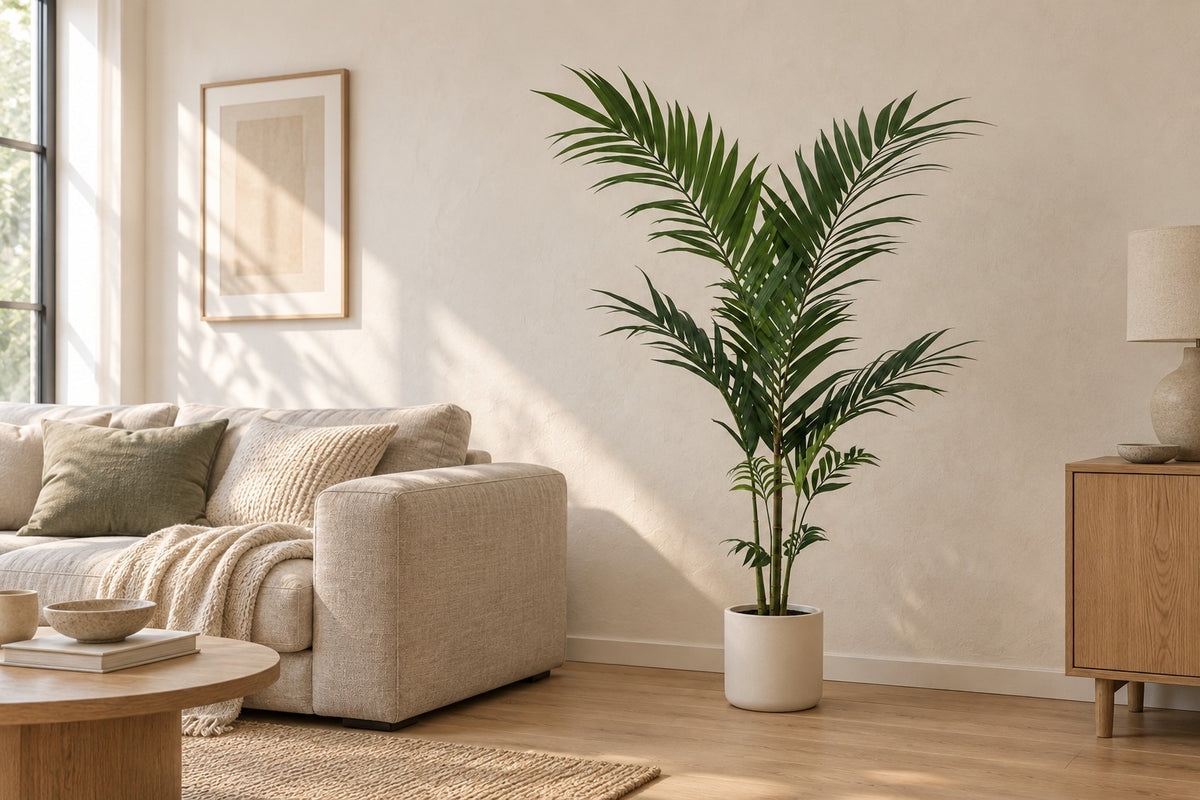 Palmera kentia artificial, 150 cm, en a white ceramic planter en un salón luminoso