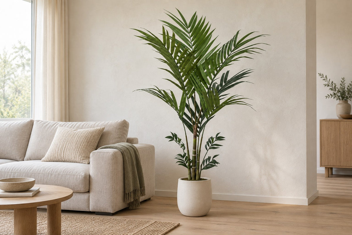 Kunstplant Kentiapalm van 180 cm in een witte keramische pot in een lichte woonkamer