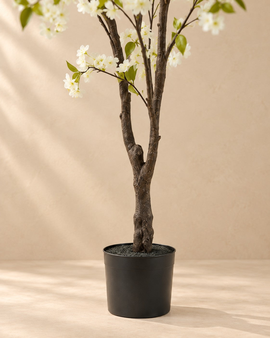 Dolna część Sztuczna roślina kwiat wiśni (Prunus sp.) z doniczką