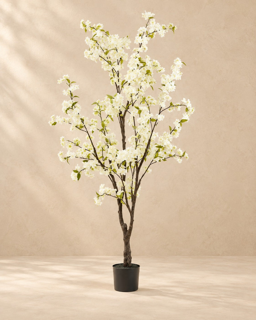 Sztuczna roślina kwiat wiśni (Prunus) biała, wysokość 175 cm