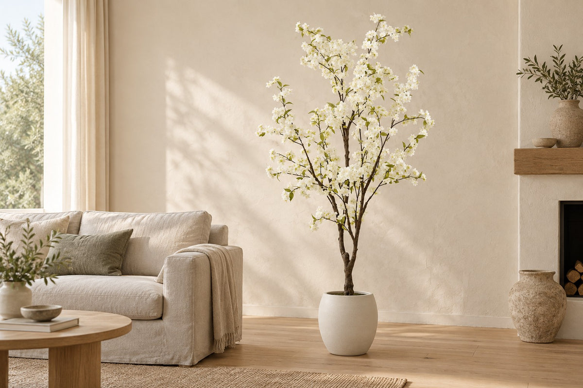 Sztuczna roślina kwiat wiśni, 175 cm, w a white ceramic planter w jasnym salonie