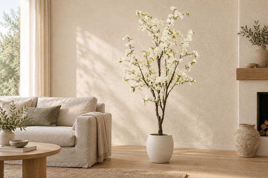 Sztuczna roślina kwiat wiśni (Prunus) biała, wysokość 175 cm
