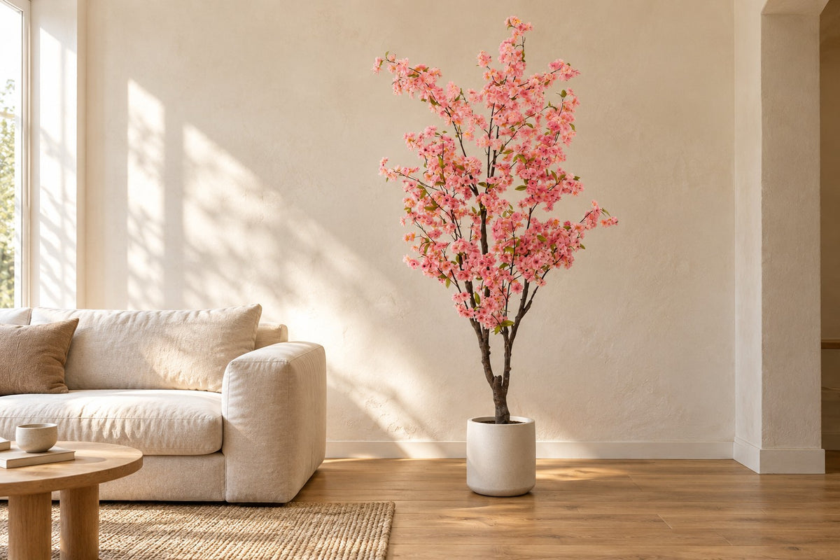 Kunstplant kersenbloesem roze van 175 cm in een witte keramische pot in een lichte woonkamer