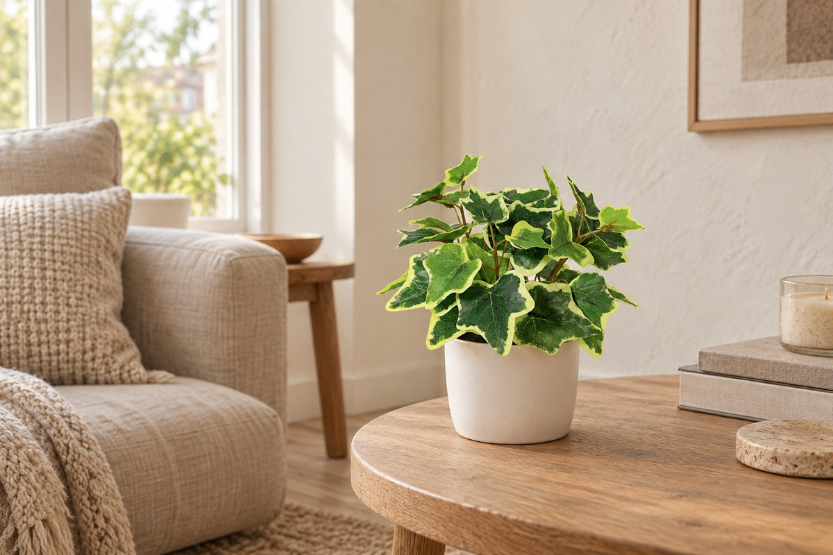 Kunstplant Klimop wit bont van 19 cm in een witte keramische pot in een lichte woonkamer