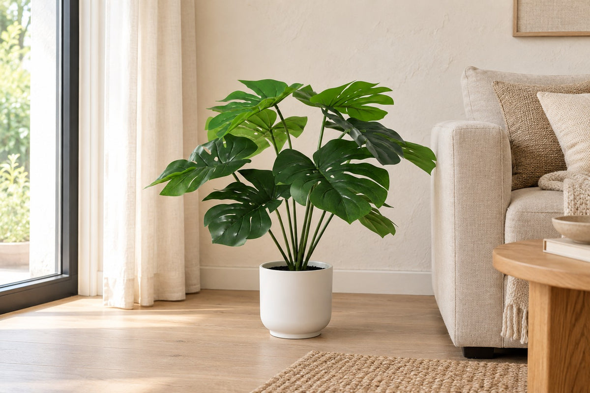 Kunstplant Monstera Deliciosa inclusief witte pot van 50 cm in een witte keramische pot in een lichte woonkamer