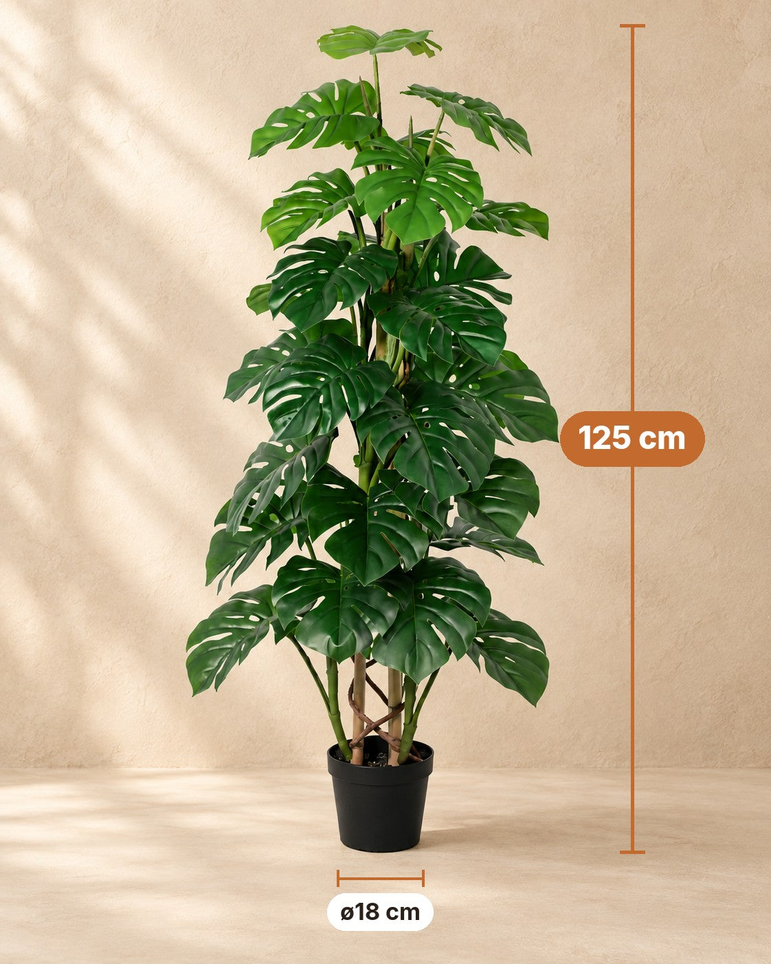 Dimensions Plante artificielle Monstera Feuille de Singe : 125 cm de haut, pot ø18 cm