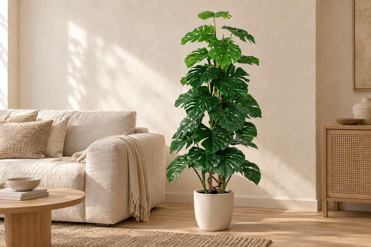 Artificial plant Monstera Monkey Leaf, 125 cm, in a white ceramic planter in a bright living room