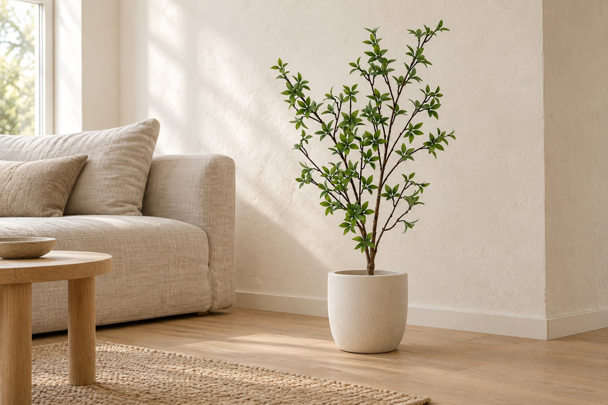 Kunstig plante Myrtus, 83 cm, i a white ceramic planter i en lys stue