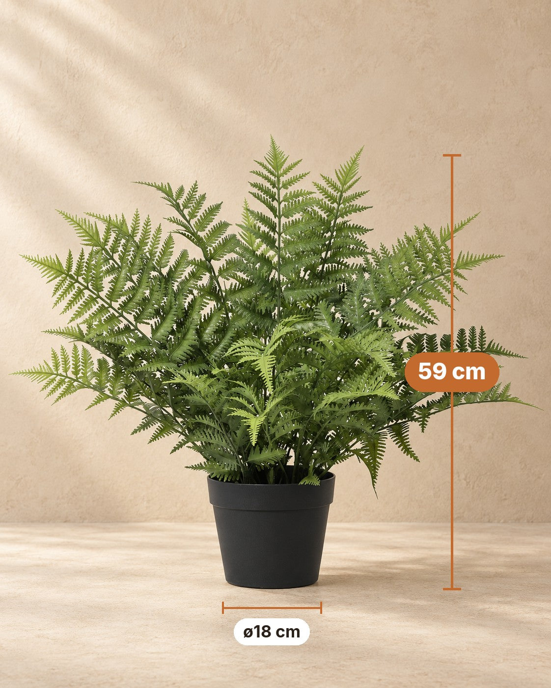 Medidas de Planta artificial Nephrolepis exaltata: 59 cm de altura, maceta ø18 cm