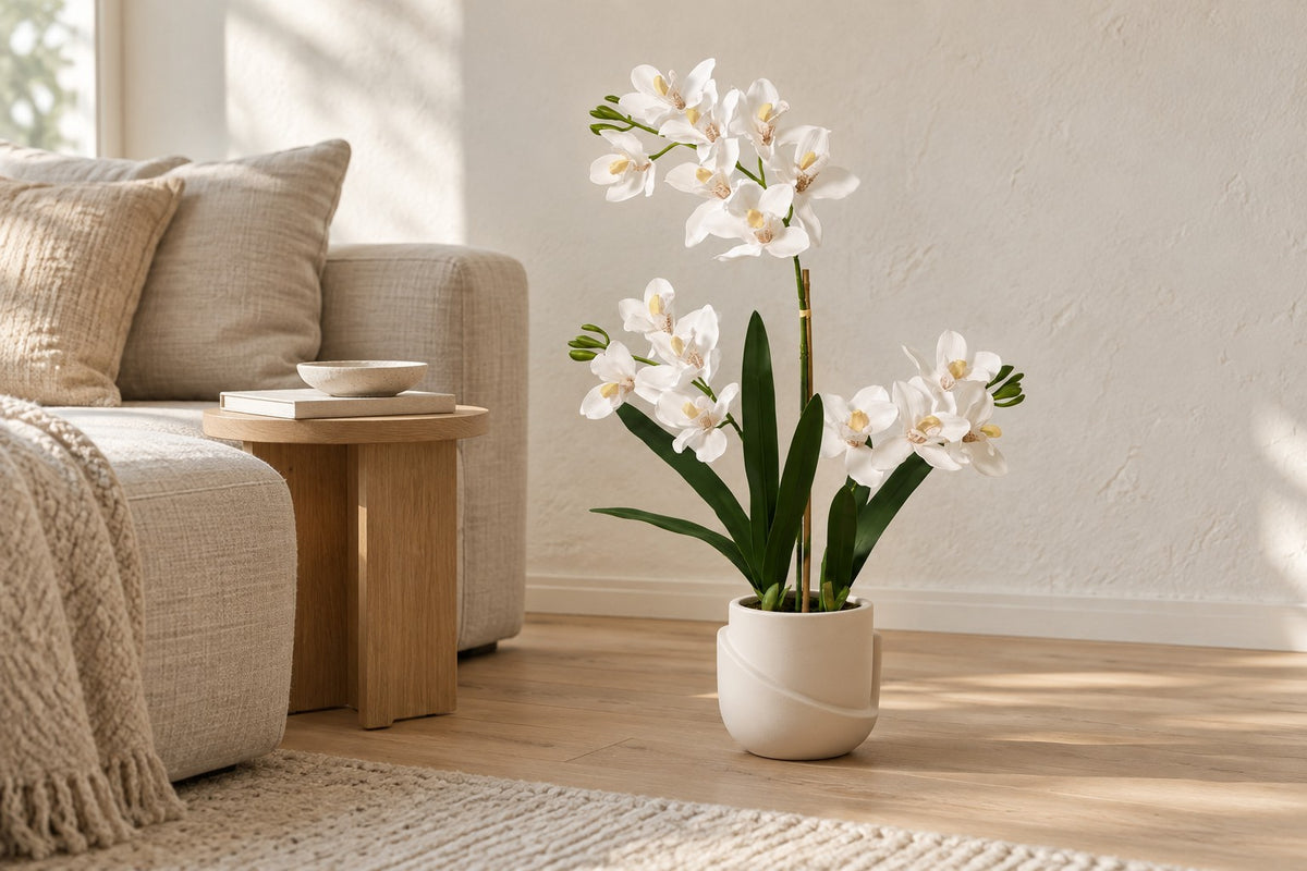 Sztuczna roślina Orchidea Phalaenopsis w zestawie z doniczką, 71 cm, w a white ceramic planter w jasnym salonie