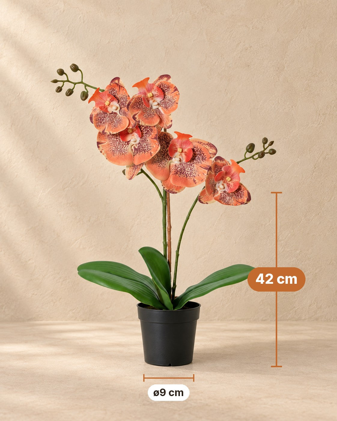 Medidas de Orquídea Phalaenopsis artificial naranja: 42 cm de altura, maceta ø9 cm