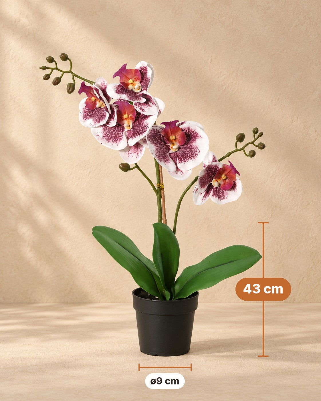 Wymiary Sztuczna roślina Phalaenopsis Orchidea fioletowo-biała: wysokość 43 cm, doniczka ø9 cm