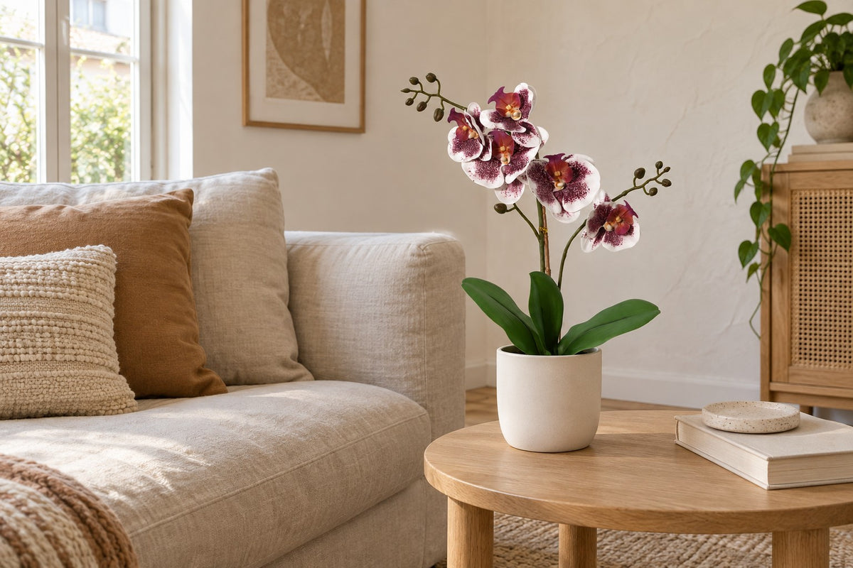 Sztuczna roślina Phalaenopsis Orchidea fioletowo-biała, 43 cm, w a white ceramic planter w jasnym salonie