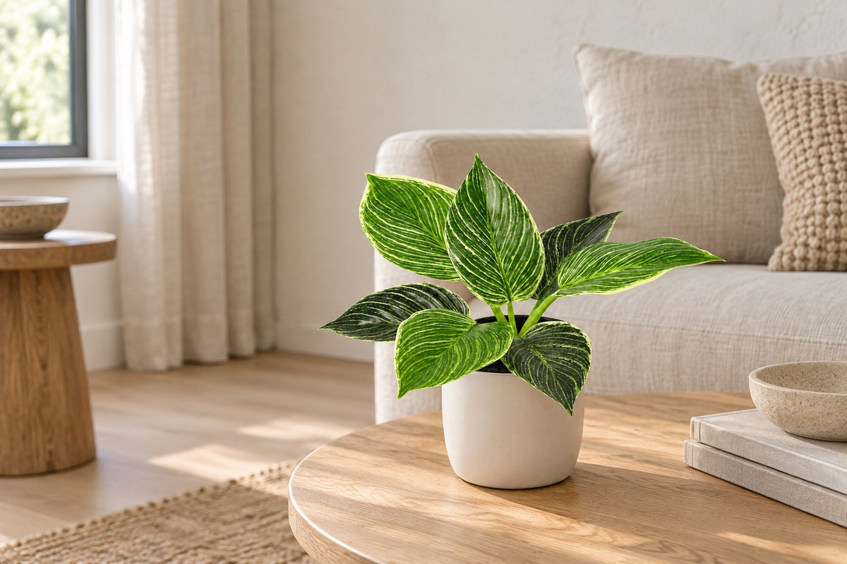 Philodendron 'Birkin' artificial, 20 cm, en a white ceramic planter en un salón luminoso