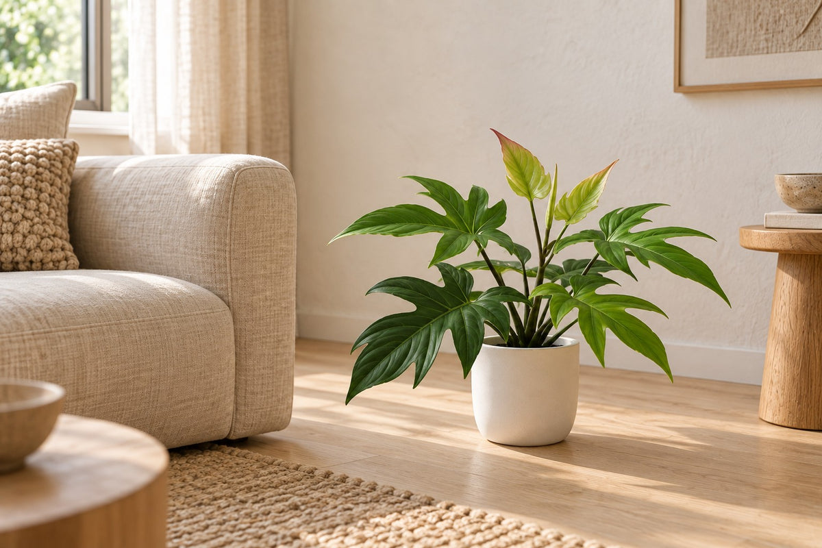 Kunstpflanze Philodendron Florida, 44 cm, in a white ceramic planter in einem hellen Wohnzimmer