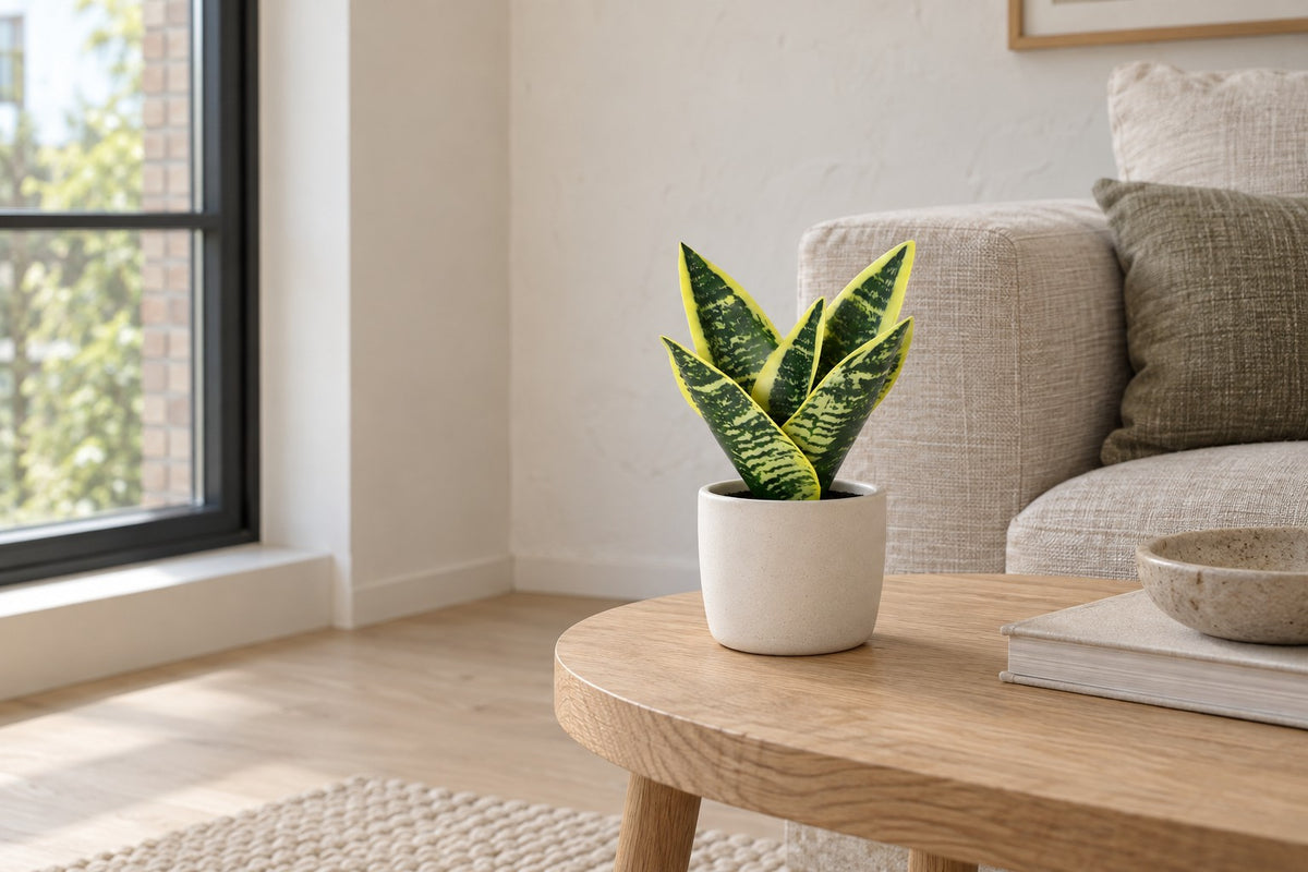 Kunstplant Sansevieria Laurentii van 21 cm in een witte keramische pot in een lichte woonkamer