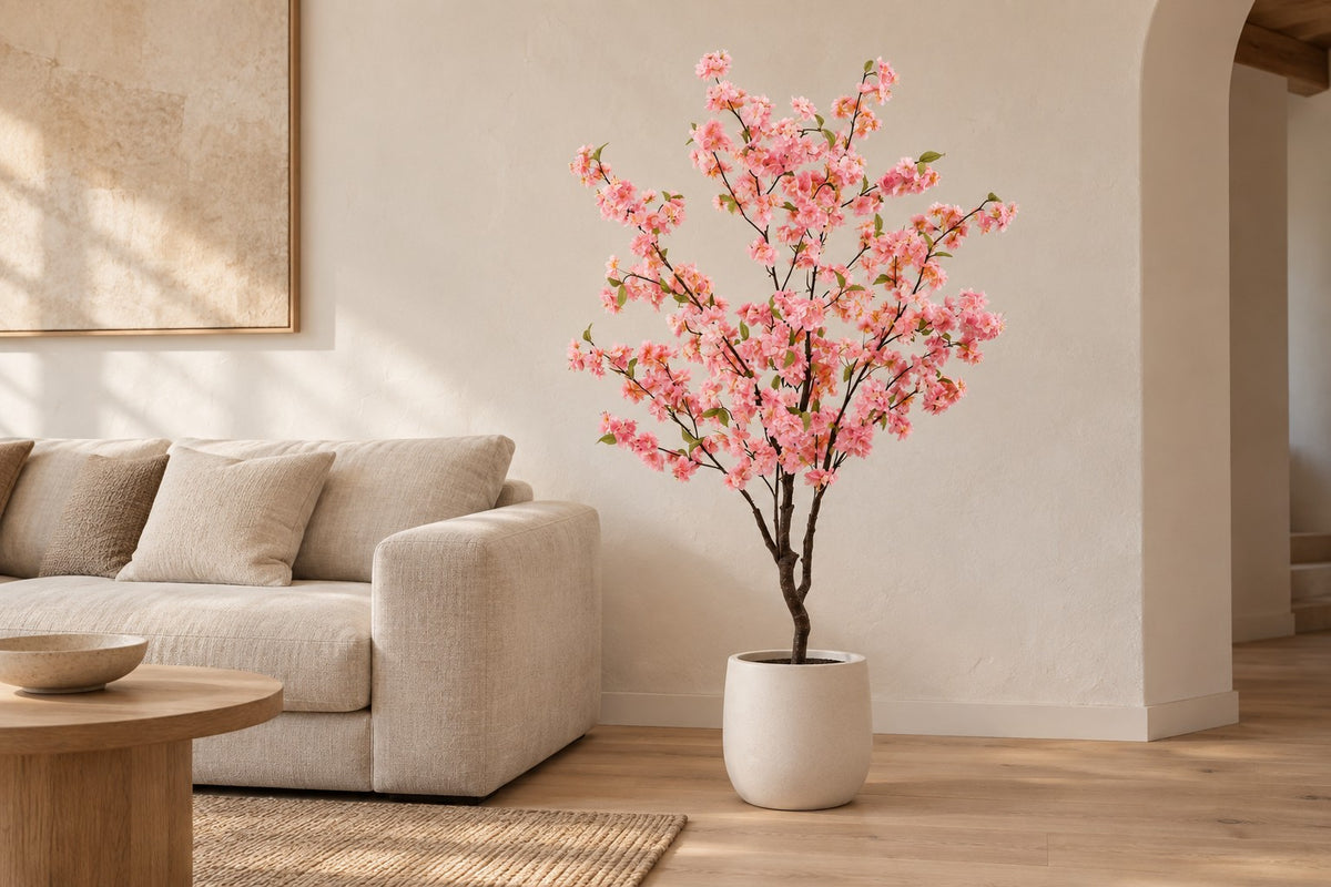 Kunstplant sierkers van 135 cm in een witte keramische pot in een lichte woonkamer