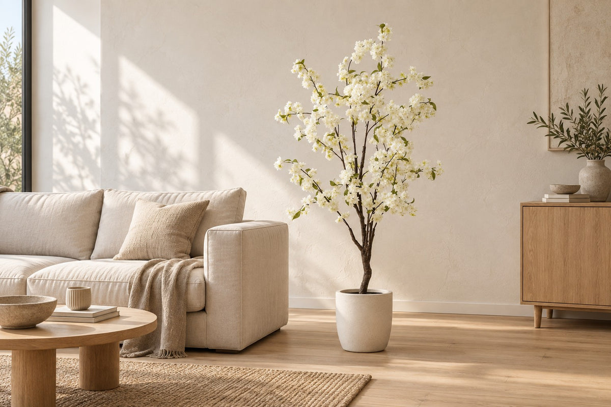 Konstväxt prydnadskörsbär, 135 cm, i a white ceramic planter i ett ljust vardagsrum