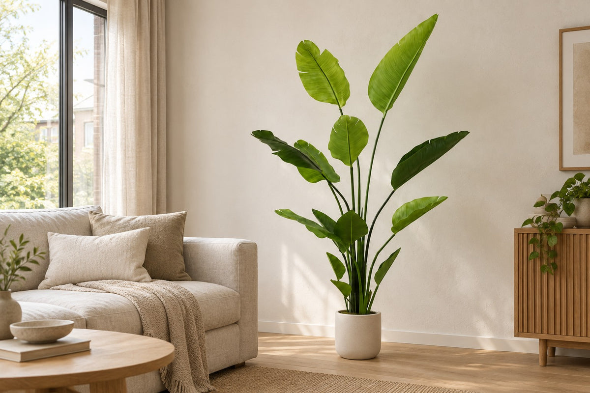 Sztuczna roślina Strelitzia nicolai, 150 cm, w a white ceramic planter w jasnym salonie