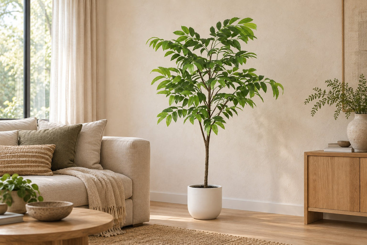 Planta artificial tropical con maceta blanca incluida, 153 cm, en a white ceramic planter en un salón luminoso