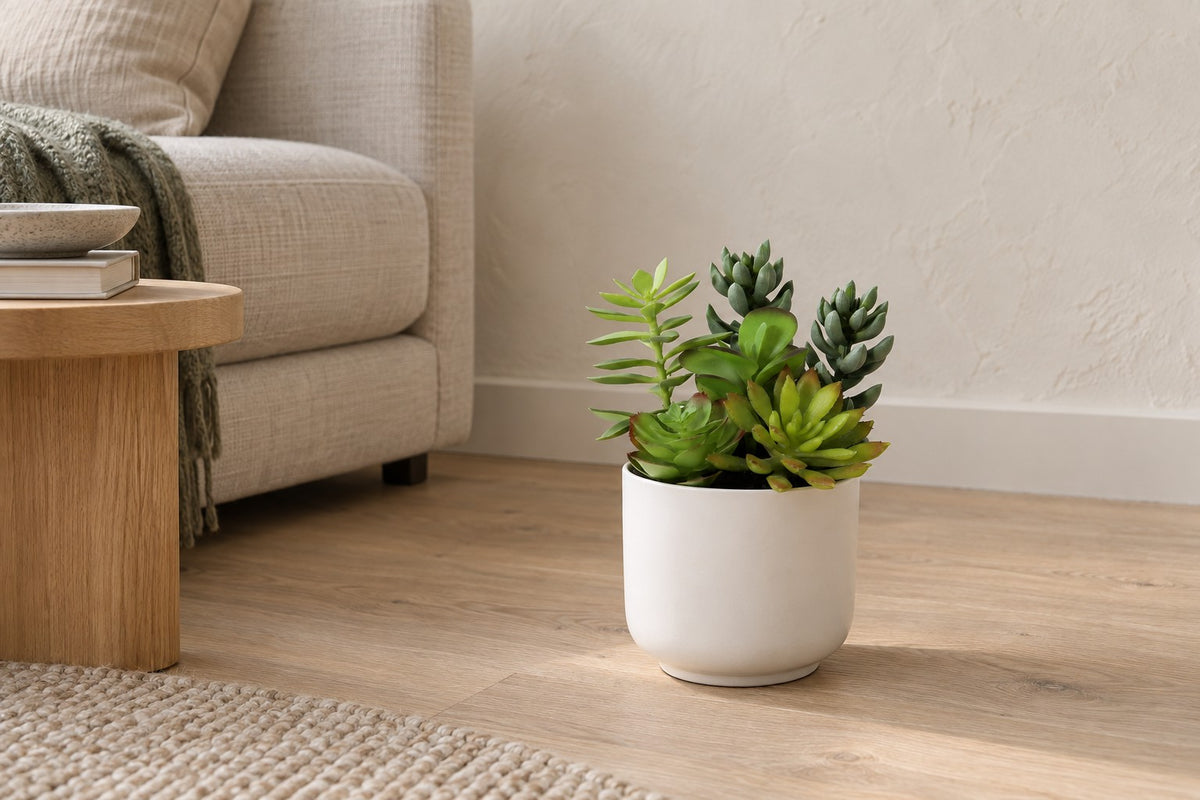 Artificial plant Succulent including white pot, 19 cm, in a white ceramic planter in a bright living room