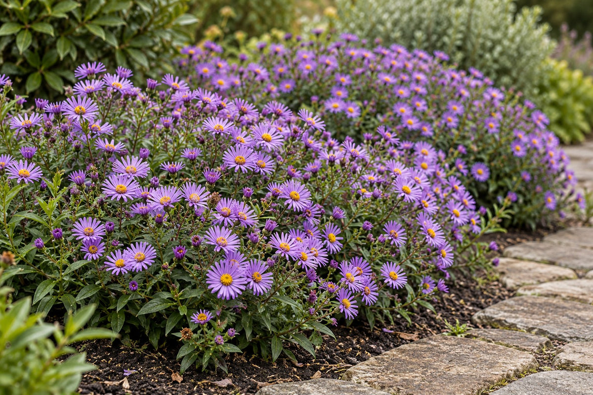 Áster enano 'Prof. Anton Kippenberg' plantada en el jardín