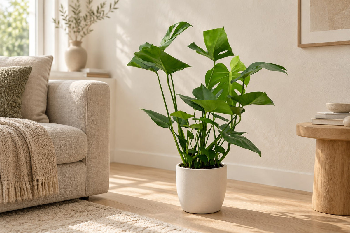 Monstera, 70 cm, i a white ceramic planter i ett ljust vardagsrum
