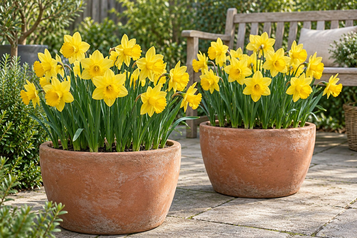 Daffodil Bulbs Carlton in flower in pots on a patio