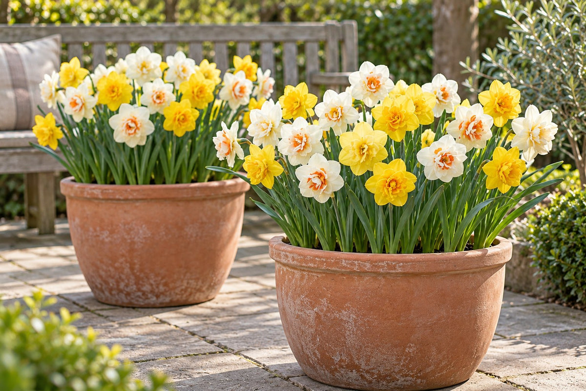 Daffodil bulbs Double mix in flower in pots on a patio
