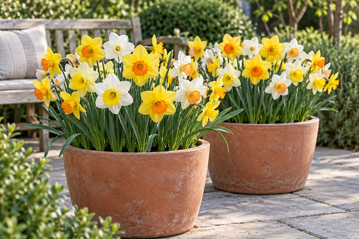 Narcis Grootbloemige mix in bloei in potten op een terras