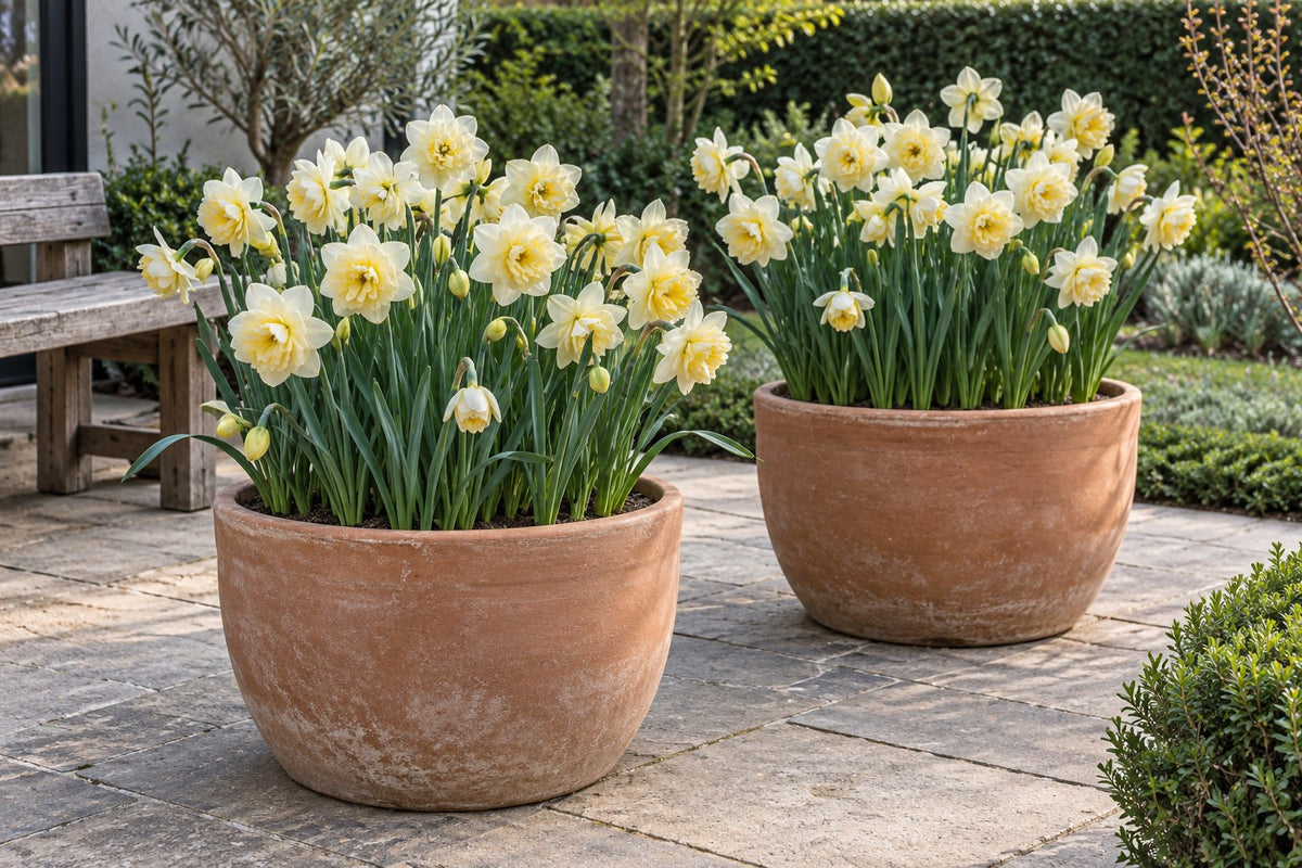 Narcis Ice King in bloei in potten op een terras