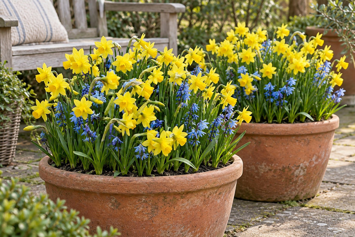 Daffodil bulbs Tête-à-Tête in flower in pots on a patio