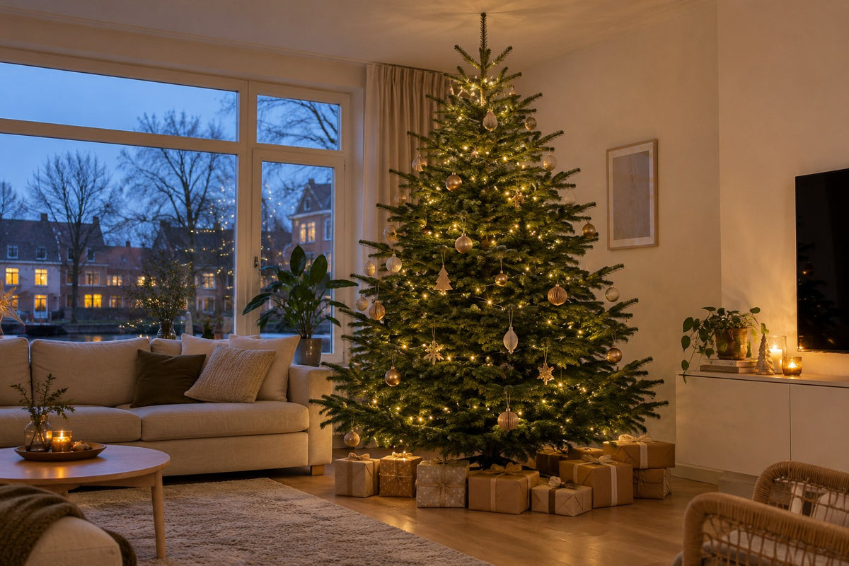 Nordmann kerstboom versierd in de woonkamer