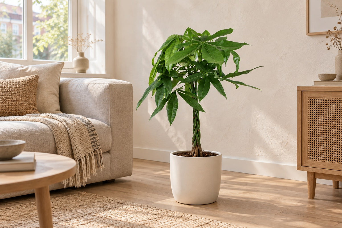 Pachira aquatica, 70 cm, en a white ceramic planter en un salón luminoso