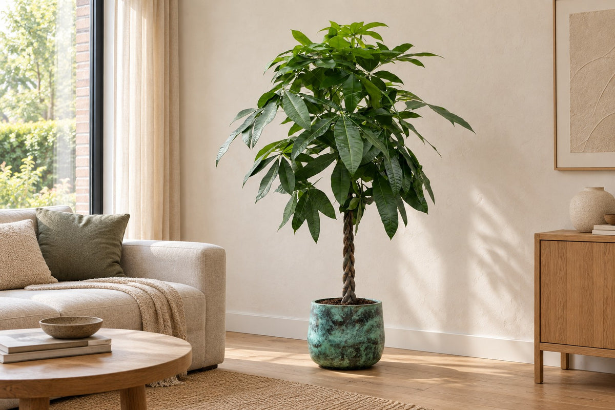 Pachira Aquatica van 170 cm in sierpot Elisa Mystic Green in een lichte woonkamer
