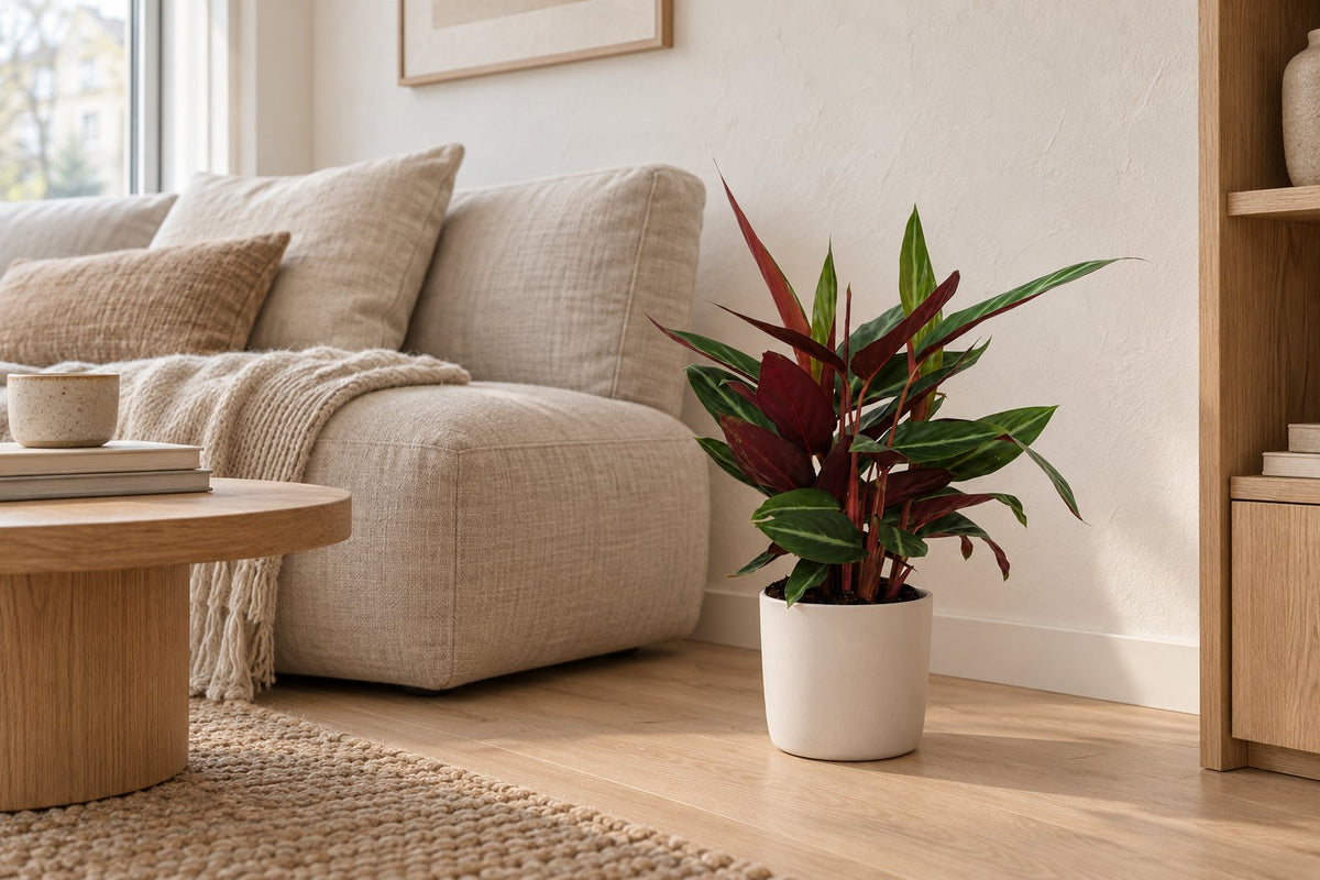 Plante paon, 40 cm, dans a white ceramic planter dans un salon lumineux