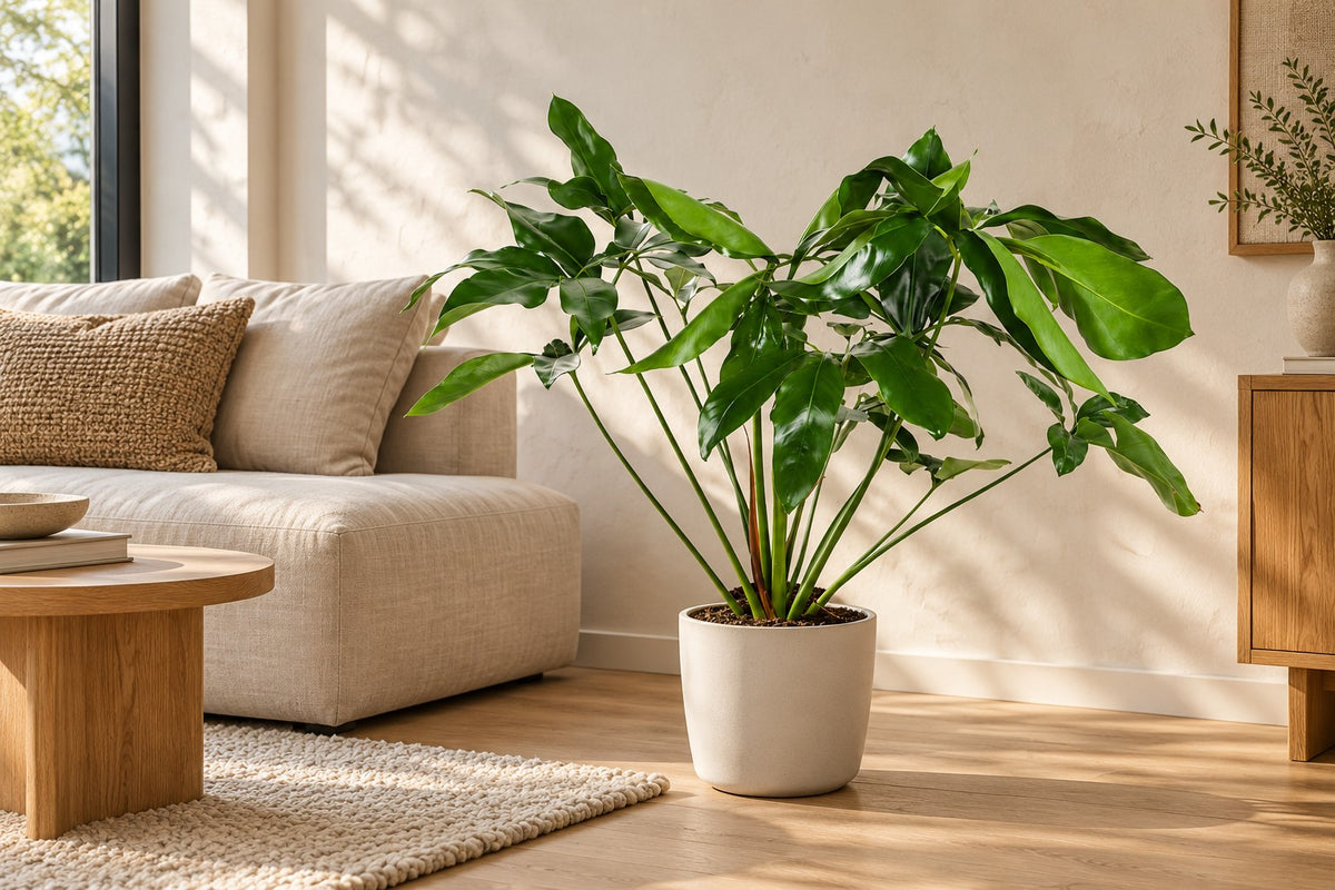 Philodendron 'Green Wonder', 100 cm, in a white ceramic planter in einem hellen Wohnzimmer